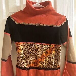 Radzoli Vibrant Orange and Black Knit Top with Animal Print Detail.